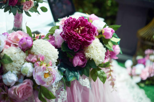 Wedding decoration of flowers for the ceremony in restaurant