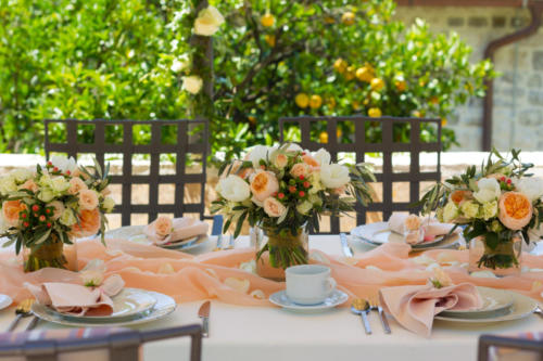 decorated table in the restaurant for a wedding dinner