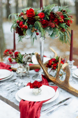 Winter Wedding decor with red roses