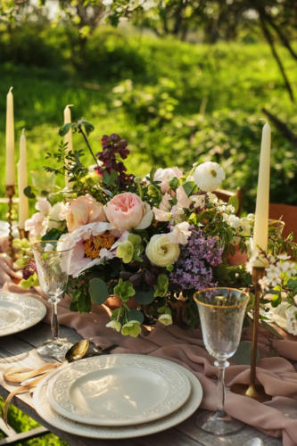 wedding decorated table, decor wedding dinner in nature in the garden